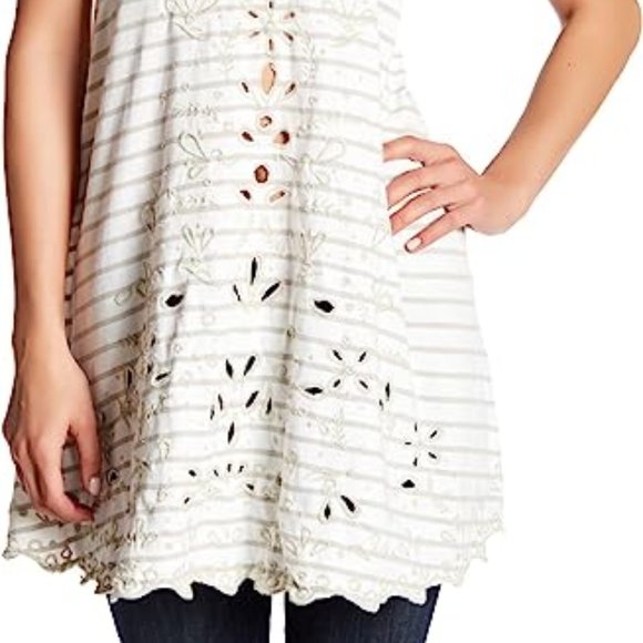 Free People Women's Seafaring Striped Embroidered Tan and Cream Top sz M NWT - Picture 3 of 17
